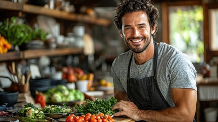 A smiling man prepares fresh vegetables in a rustic kitchen filled with colorful produce during daylight