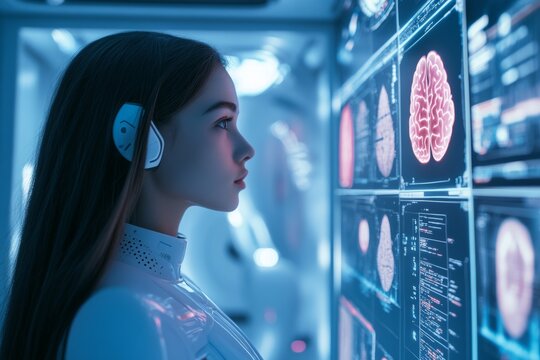 Woman in futuristic lab wearing VR headset, exploring AI and neural interface technology