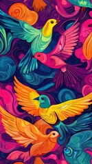   A vibrant bird painting with soaring avians and swirling colors in the lower half