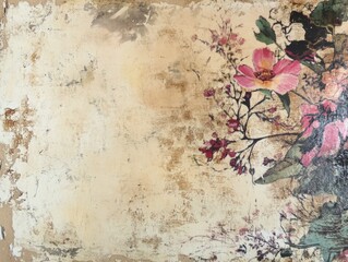 A vintage style artwork featuring a richly textured aged background adorned with vibrant flowers, blending nature with a rustic, antique feel. A perfect harmony of art.