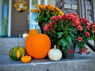 Pumpkin and chrysanthemums on the porch for Halloween