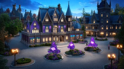 Obraz premium Enchanted Castle at Twilight with Colorful Lights