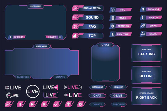 Twitch streaming interface mega set elements in flat graphic design. Collection objects of neon glow style online game and video stream menu with buttons, bars, huds, information. Vector illustration. - Powered by Adobe
