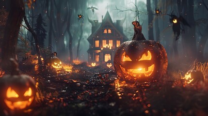 Fototapeta premium Halloween background with pumpkins and haunted house