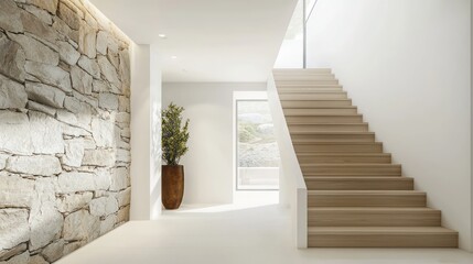 Fototapeta premium Entrance hall with a modern wooden staircase, white walls, and a natural stone wall on the left, in high-definition