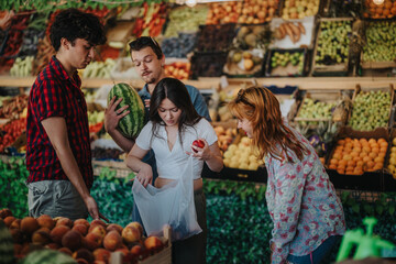 A group of friends shopping at a local market, selecting fresh fruits and vegetables from a greengrocer. They enjoy the vibrant variety and freshness of the produce.