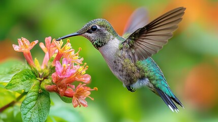Fototapeta premium Hummingbird feeds on blurred flower surrounded by leafy foreground