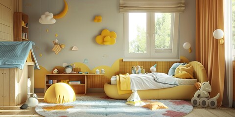 Small cute fantasy 3D fiber felt children's bedroom, colorful, creative, soft and cozy effect