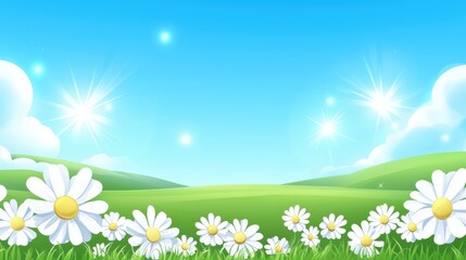 Fototapeta premium Bright Sunny Day with Daisies and Blue Sky