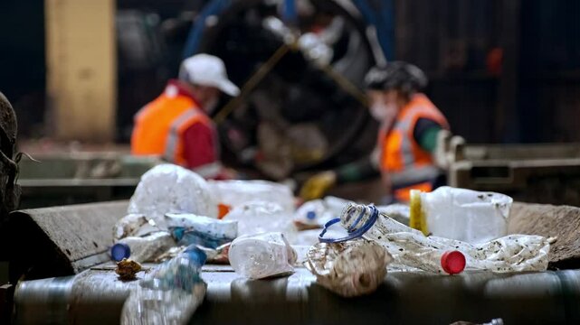 This video shows workers sorting household waste on a conveyor belt, separating recyclables from non-recyclables. The facility processes organic waste into compost and produces organic fertilizer.