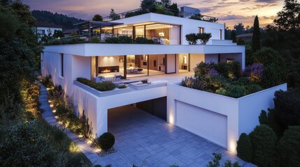Fototapeta premium Evening view of a modern house with white walls, a large garage, rooftop terrace, illuminated driveway, and a lush garden