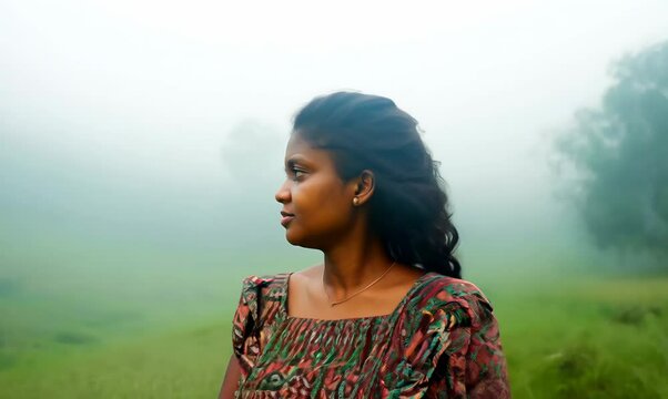 Malawian Woman Walking in Foggy Countryside
