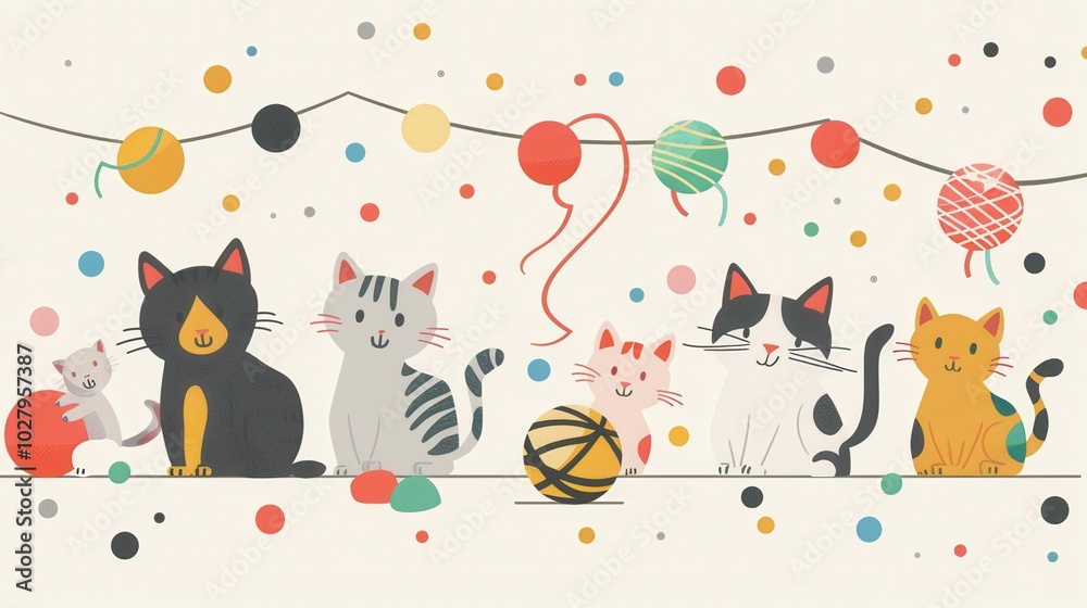 Poster a group of cats play with various toys, including balls and colorful yarn, in a lively and fun-fille