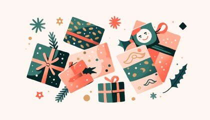 Floating Gift Boxes in Pink and Green with Bold Geometric Patterns on a White Background.