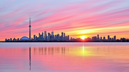 Fototapeta premium Vibrant Sunset over Toronto Skyline Reflection