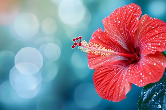 A close-up of a vibrant red Bunga Raya (hibiscus) flower in full bloom, with its delicate petals and stamen detailed against a softly blurred