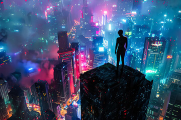 Plakat Man is standing on a rooftop in a city at night. The city is lit up with neon lights and the sky is cloudy
