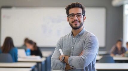 Obraz premium A clear, detailed portrait of a teacher standing confidently in a modern classroom