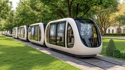 Naklejka premium Modern Automated Trams in Urban Green Space