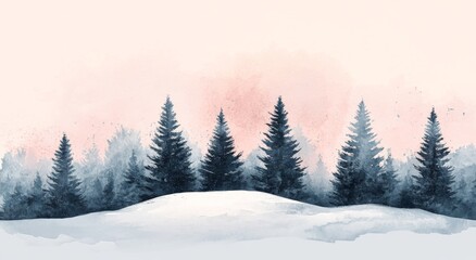 Naklejka premium Serene Beauty of Snow-Covered Pine Trees on Rolling Hills Under a Pastel Sky of Pink and Blue, Evoking Tranquility and Nature's Quiet Majesty.