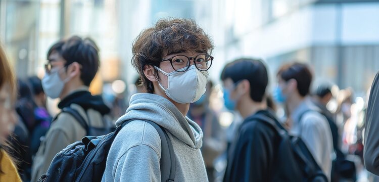Group of people wearing masks in urban setting, maintaining health safety and awareness, with focus on young man in glasses - Powered by Adobe