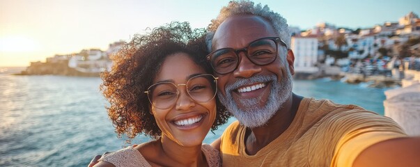 Joyful couple taking a selfie by the sea in a picturesque coastal town at sunset, capturing a happy travel moment together