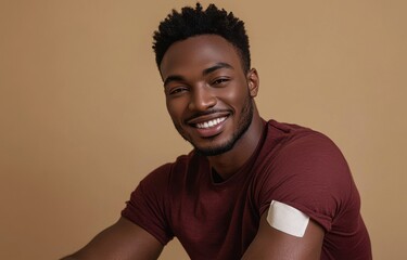 Obraz premium Smiling man in casual wear with a bandage on his arm seated against a neutral backdrop