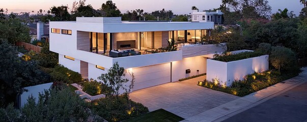 Fototapeta premium Expansive dusk view of a modern house with a rooftop terrace, white walls, large garage, driveway, and a lush corner garden