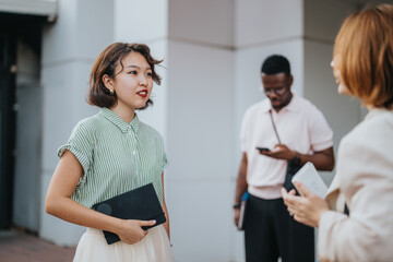 A diverse business team engaged in an outdoor meeting, showcasing teamwork and collaboration in a...