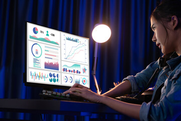 Young beautiful Asian businesswoman calling on phone desk coworker explaining creator business graph while looking dynamic analysis report on pc at back side at neon office at night. Stratagem.