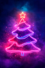 Christmas tree in neon style. New Year greeting card in blue purple pink colors. Vertical illustration of Christmas decoration with glowing lines
