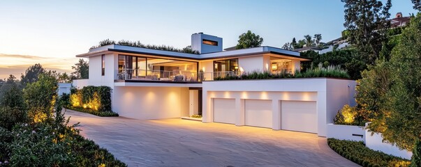 Fototapeta premium Expansive evening view of a modern house with a large garage, white walls, rooftop terrace, wide driveway, and garden corner, in warm light