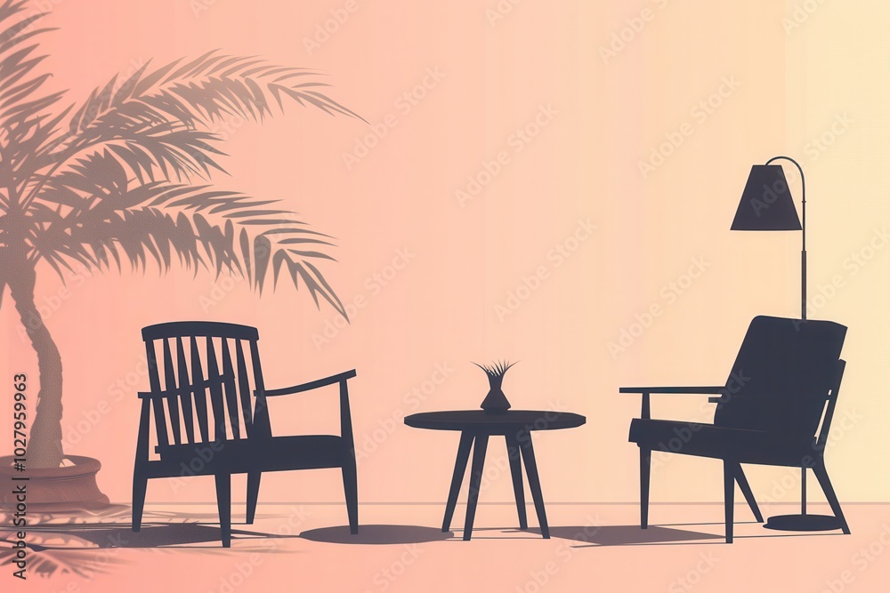 Poster Silhouettes of an armchair, a lamp, and a table create a cozy atmosphere against a light gradient backdrop, evoking relaxation and style. Generative AI