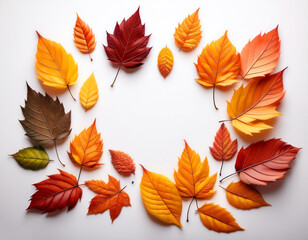Obraz premium frame of autumn leaves, lying down, isolated on a white background