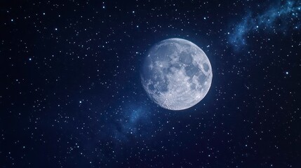 A full moon shines brightly in a star-filled night sky with the Milky Way visible.