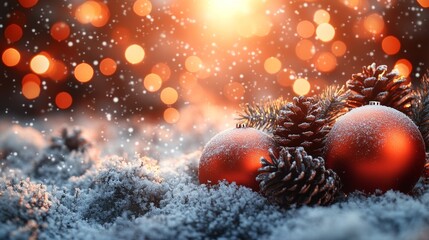 Christmas tree with red baubles, fir cones and lights bokeh background. Space for text. Copy space. Greeting card.