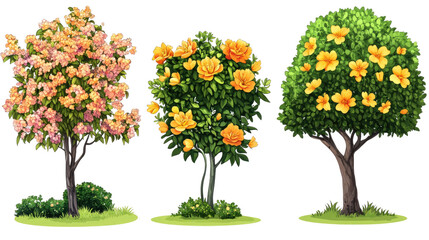 Colorful Flowering Bushes Displayed on a White Background Generative AI