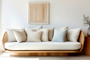 Minimalist interior design of modern living room. Close up of sofa with blue and beige pillows near white wall with mock up frame.