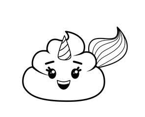 Coloring page with poop unicorn. Black and white poop. Vector