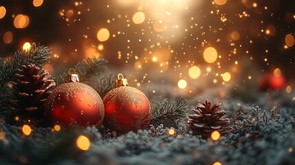 Christmas tree with red baubles, fir cones and lights bokeh background. Space for text. Copy space. Greeting card.