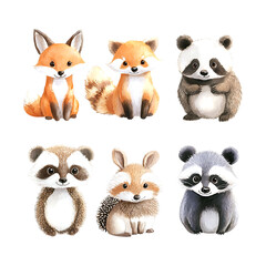 Obraz premium Charming watercolor illustrations of forest animals including fox, fawn, and panda