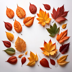 Obraz premium frame of autumn leaves, lying down, isolated on a white background