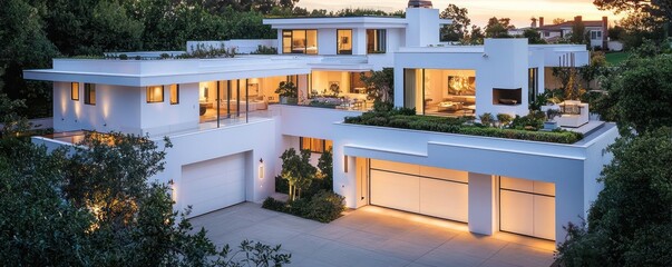Fototapeta premium Expansive shot of a modern house with white walls, a large garage, rooftop terrace, driveway, and garden, all lit by warm dusk light