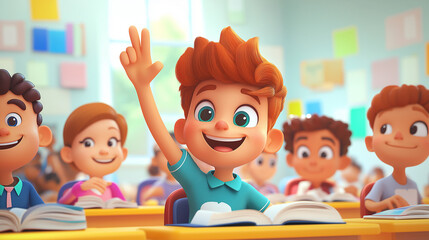 Cartoon classroom filled with smiling students, with one boy raising his hand to answer a question. Concept of active learning, classroom participation, and education.
