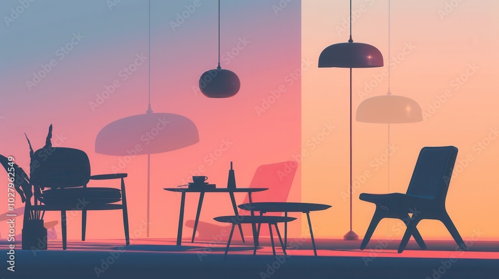 Poster various furniture silhouettes create a cozy atmosphere on a light gradient background, suggesting a 