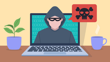 This illustration shows a hacker in a hoodie in front of a laptop with binary code on the screen. A red speech bubble with a skull and crossbones symbol indicates a cyber attack or security threat.