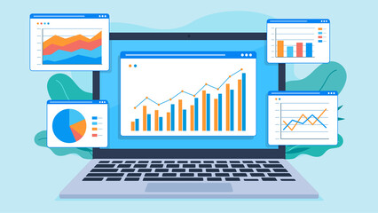Illustration of a laptop screen displaying multiple data charts, including bar, line, area, and pie charts. The charts represent data analysis or financial reports, with green leaves in the background