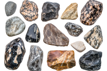 Collection of various colorful stones on a white background for geological study and decoration. isolated on transparent background.