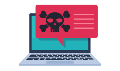 Laptop with a red warning speech bubble featuring a black skull and crossbones, symbolizing a virus or malware alert. The background is yellow, contrasting with the ominous warning