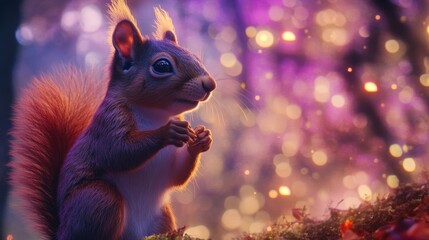 Charming Squirrel Enjoying Nuts Under a Magical Glow of Lights